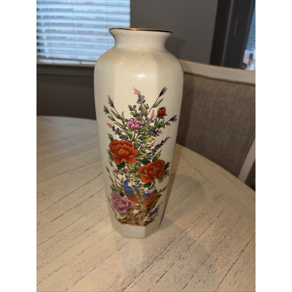 10 3/4"  VASE (made in Japan) IVORY COLOR BIRD & FLOWER DESIGN OCTAGON SHAPE